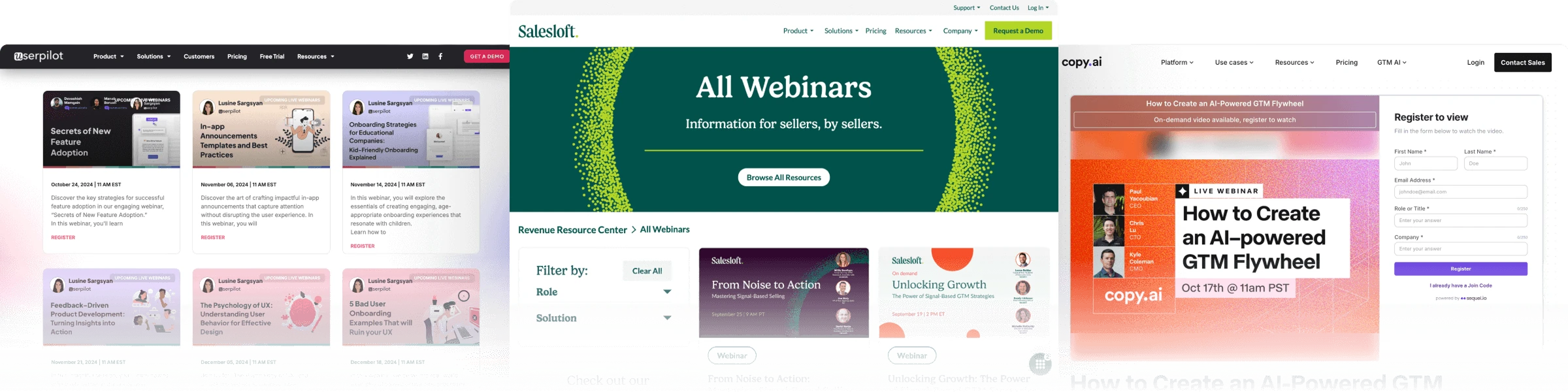 Userpilot, Salesloft and copy.ai webinar hubs, each running on the company’s own website