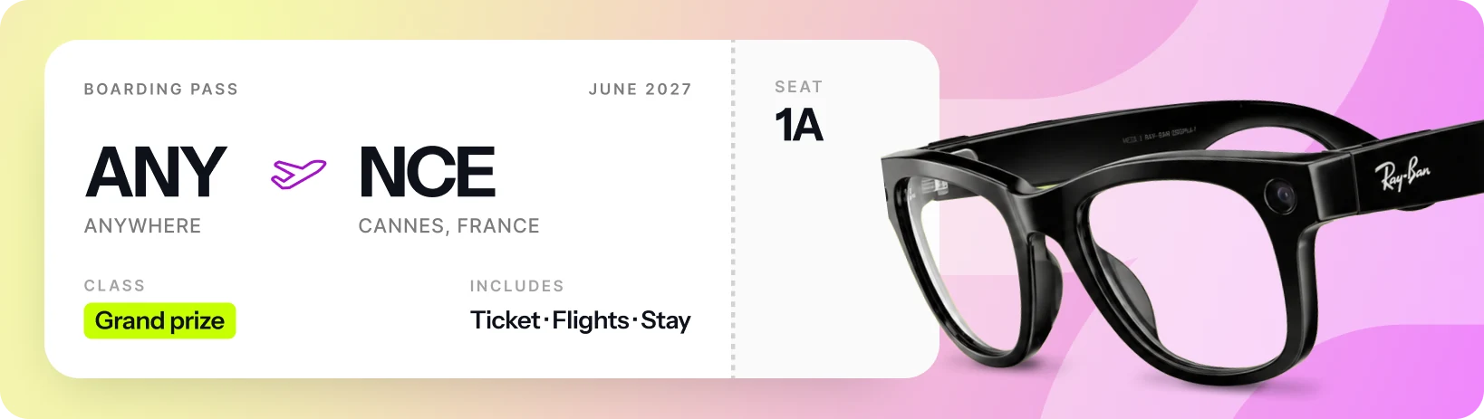 A boarding pass to Cannes marked Grand prize, next to a pair of Meta Ray-Ban glasses