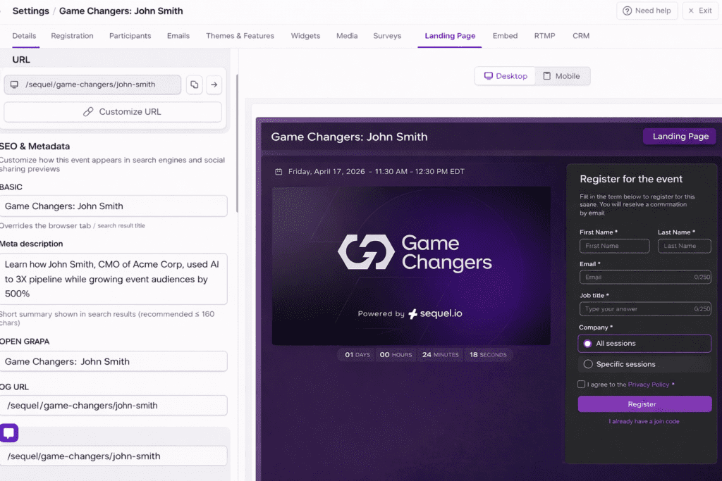 SEO Metadata for landing pages example